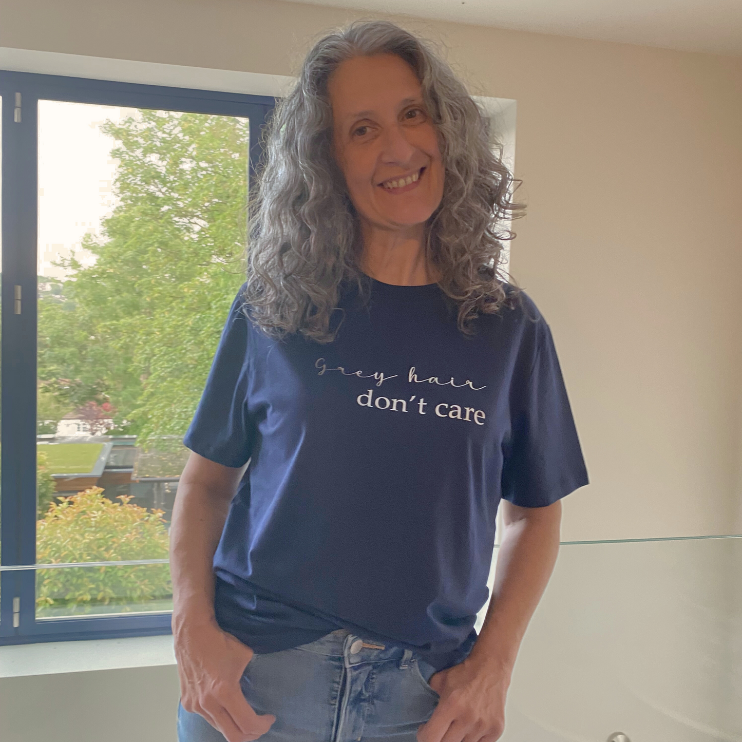 Grey hair, don't care-Navy slogan T-Shirt