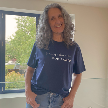Grey hair, don't care-Navy slogan T-Shirt