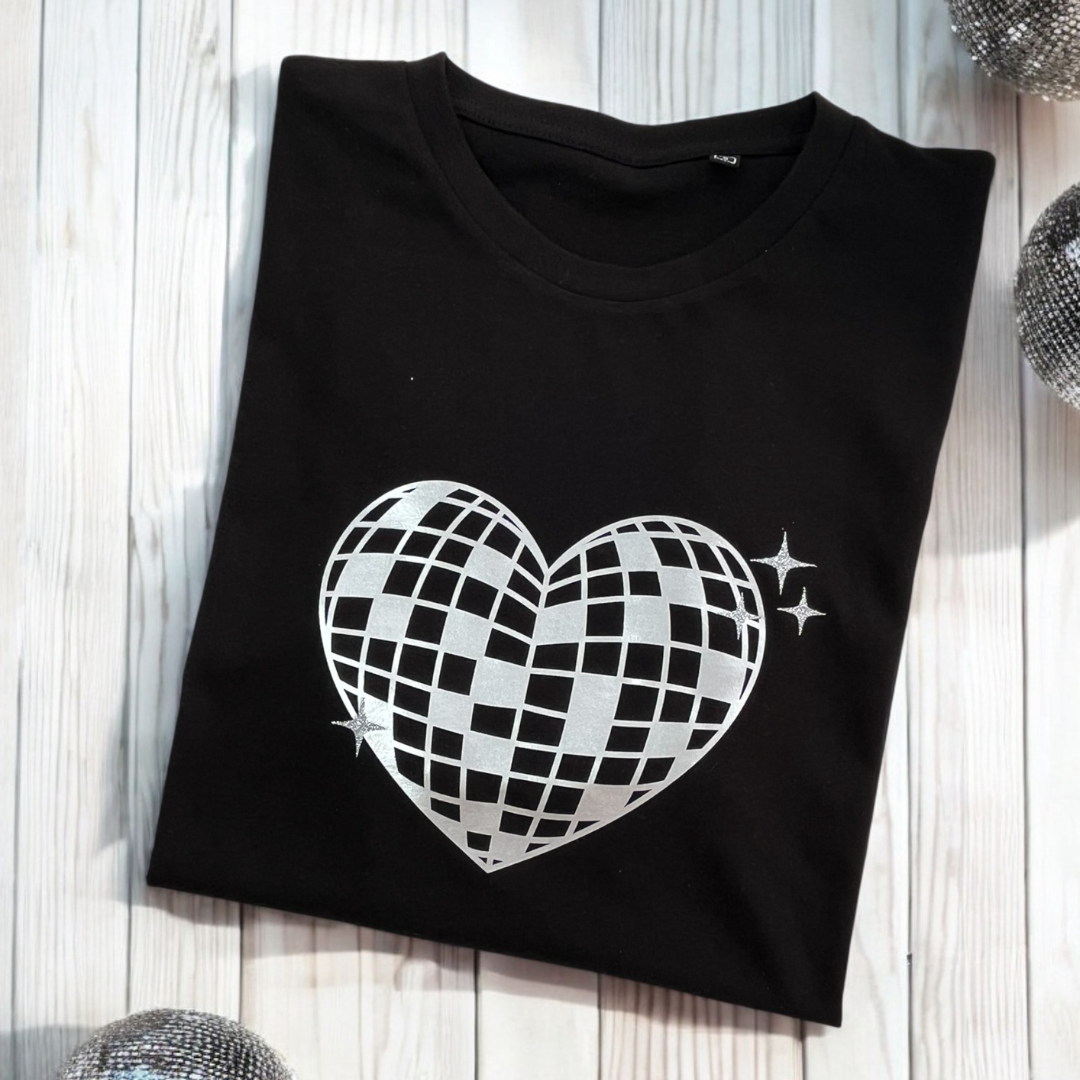Heart Disco Ball- Black T-Shirt
