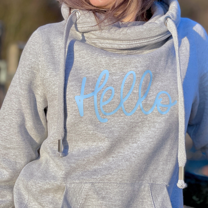 Hello- Heather Grey Cross Neck Hoodie