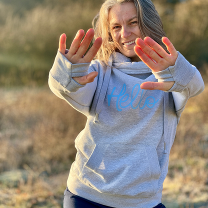 Hello- Heather Grey Cross Neck Hoodie