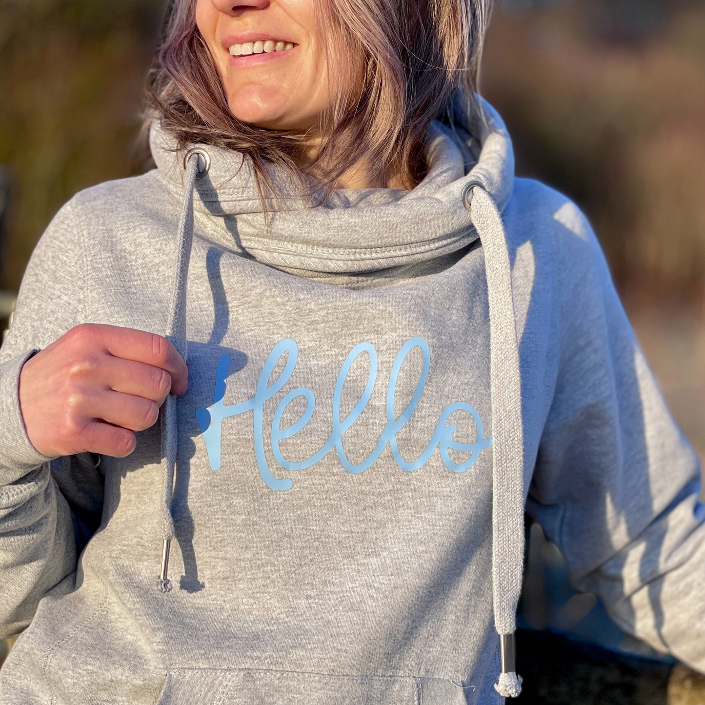 Hello- Heather Grey Cross Neck Hoodie