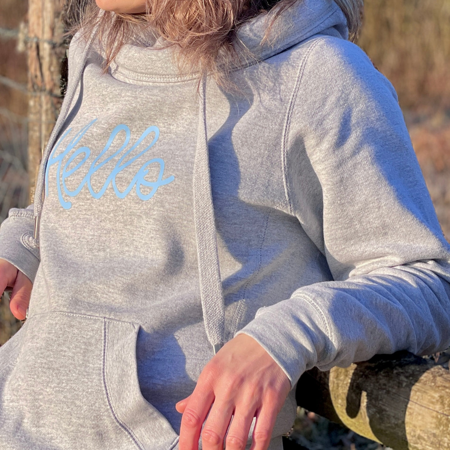 Hello- Heather Grey Cross Neck Hoodie